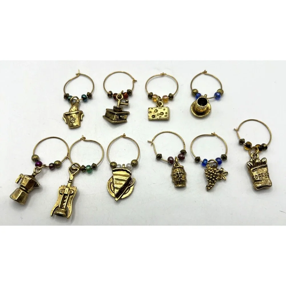 LOT of 10 Vintage Wine Glass Charms Gold Tone Metal Variety Themes